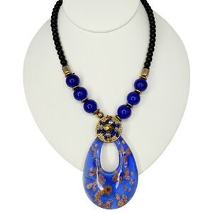 India Blue Glass Beaded Large Pendant Statement Necklace 27" Artesian Bohemian